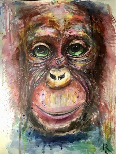 Monkey painting,original watercolour mix media painting thumb