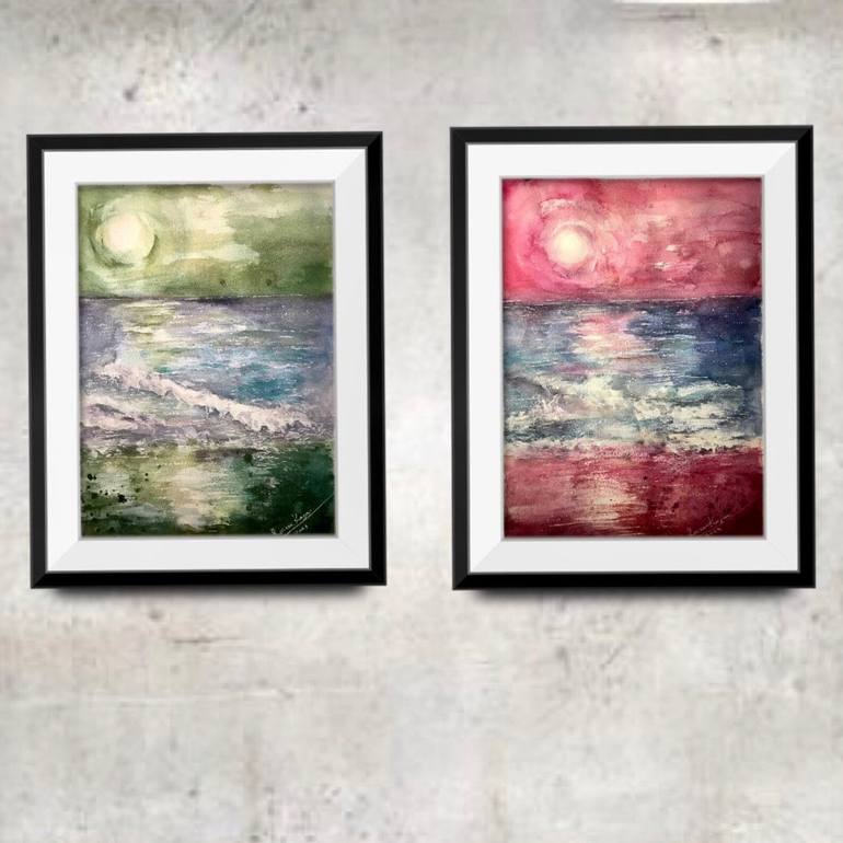 Original Abstract Painting by Raissa Leonova | Abstract Expressionism Art on Paper | Set of 2 Watercolor Paintings | Pink & Green Sunset Landscapes
