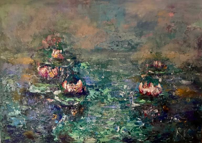 Original Landscape Painting by Raissa Leonova  Impressionism Art on Canvas  Where Time Rests  Original Textured Water Lily Painting