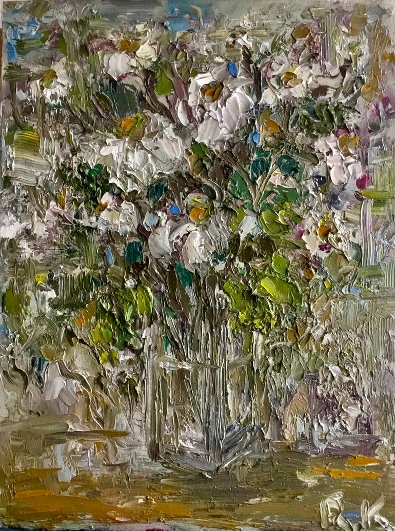 Original Impasto Oil Painting White Flowers in Glass Vase Original Painting by raissa leonova