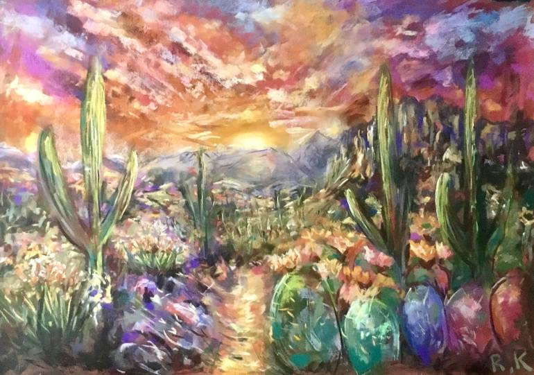 Original Landscape Painting by Raissa Leonova | Impressionism Art on Paper | Sunset Over the Mexican Desert - Original Soft Pastel Painting