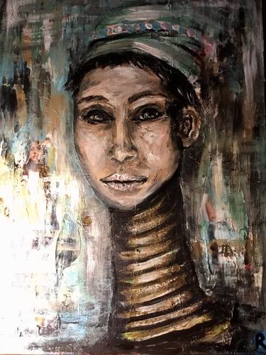 Woman girrafe fantasy acrylic mix media painting on 3 d canvas thumb