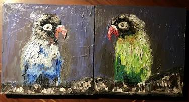 Two love birds diptych painting,original oil painting on canvas thumb