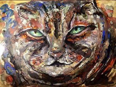 Moody cat painting,original mix media artwork thumb