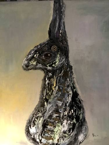 Black bunny original textured oil painting on canvas thumb