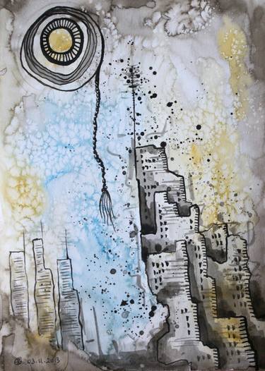 Original Abstract Expressionism Cities Drawings by Esra Kizir Gokcen
