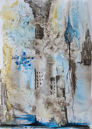 Original Abstract Expressionism Cities Drawings by Esra Kizir Gokcen