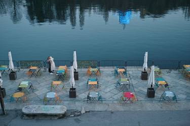 Friends at dusk by River Po, Turin, Italy. thumb