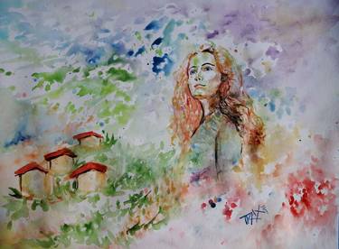 Female Portrait, Watercolor Woman, Patriotism Art, Love  Nature thumb