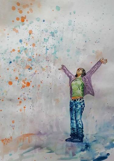 Watercolor Painting Rain Prayer Art Female Portrait thumb