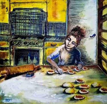 Kitchen Decor: Oil Painting of a Woman Making Delicious Cookies thumb