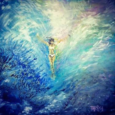 Sea Water Swimming Woman Oil Landscape Panting Print Wall Art thumb