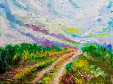 Oil Landscape with  Road and Clouds thumb