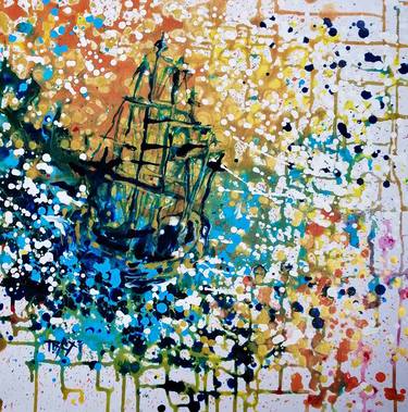 Ship Abstract painting Golden  Sunset thumb