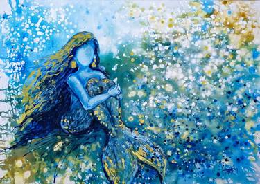 Sea Blue Abstract Golden Mermaid Magic Painting - Yacht Gift Idea thumb