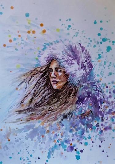 Watercolor painting Snow Lady White  Woman Portrait thumb