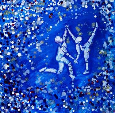 Futuristic Blue Abstract Acrylic Painting with Dancing Robots thumb