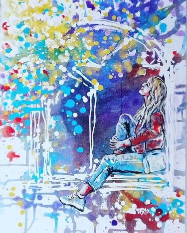 Colorful Abstract  Window with Girl and Stars Painting thumb