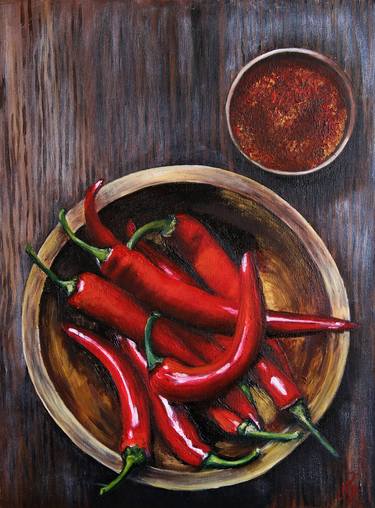 SPICY - oil painting, red peppers, chili, red, wood, still-life thumb