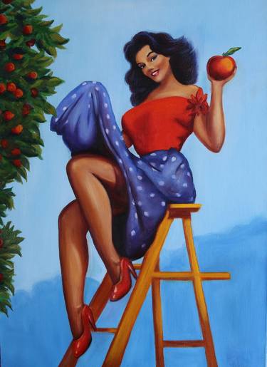 "Eve's Apple",  Sexy Pin Up Girl oil painting, retro thumb