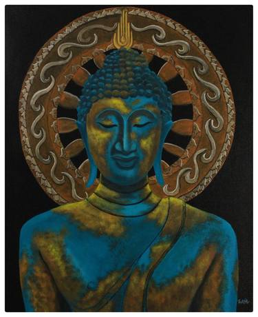 Meditating Turquoise Buddha with Golden shades Oil painting thumb