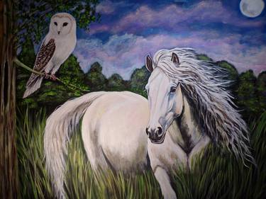 Horse and owl at twilight original painting thumb