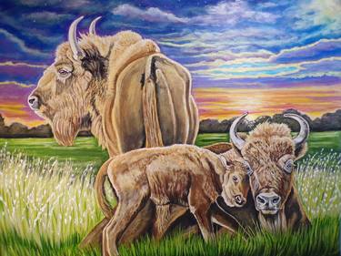 Buffalo family at twilight original painting thumb