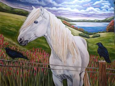 Horse by the lake original painting thumb