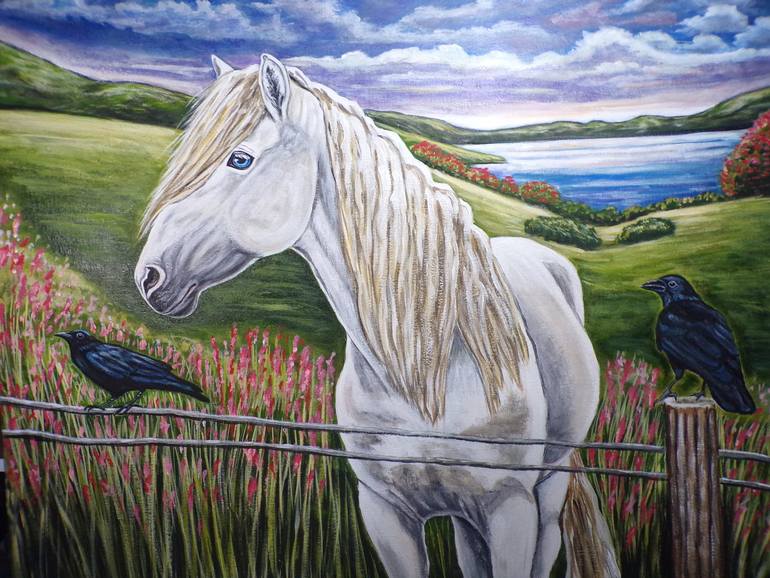Original Horse Painting by Andrea Napolitano | Realism Art on Canvas | Horse by the lake original painting