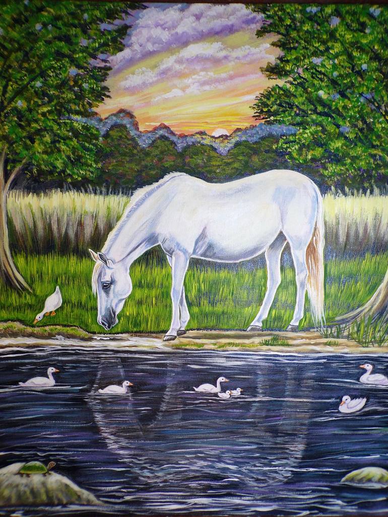 Original Horse Painting by Andrea Napolitano | Realism Art on Canvas | Horse by the lake original painting