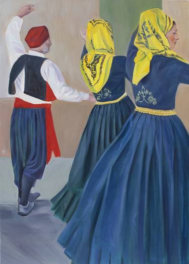 Dancing Greek women in navy blue dresses thumb