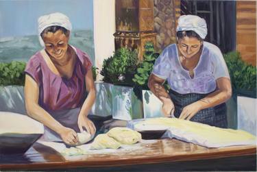 Greek women kneading dough thumb