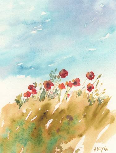 Field of poppies. Watercolour thumb