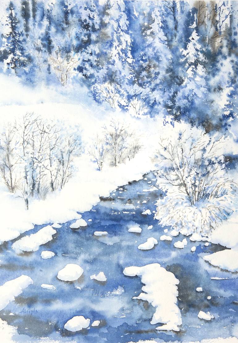 watercolor painting landscape winter