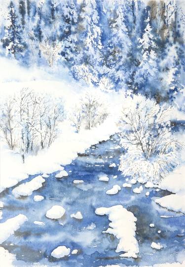 Winter watercolor landscape. The colors of the snow. thumb