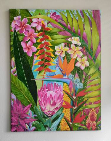 Hawaiian Tropical Flowers Original Oil Art Painting on Canvas thumb