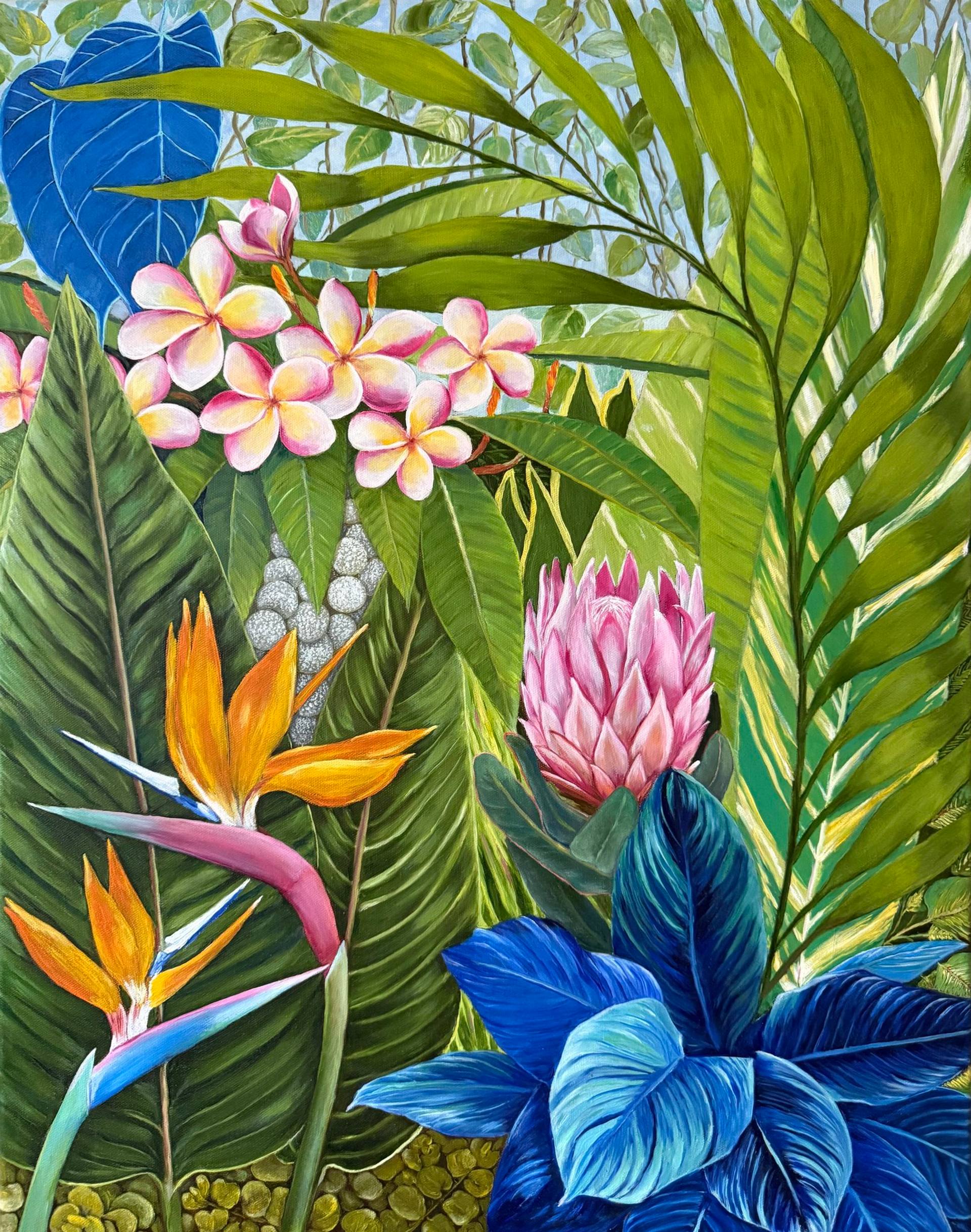 Hawaiian Tropical Plants Leaves Flowers, Original Oil Painting