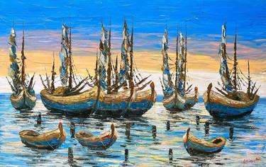 Original Impressionism Boat Paintings by Bagya Art Gallery
