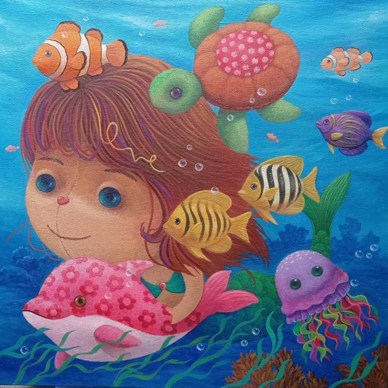 Original Cartoon Painting by Bagya Art Gallery | Figurative Art on Canvas | The Little Mermaid with Her Friends