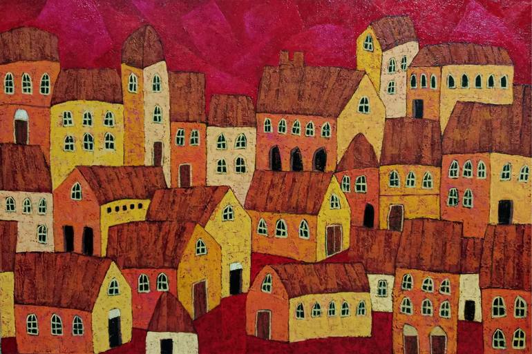 Original Home Painting by Bagya Art Gallery | Abstract Art on Canvas | Sunset Over the Village
