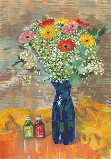 Bouquet of Gerberas in a vase from a blue plastic bottle thumb