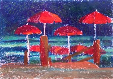 Red umbrellas on the background of the sea. Israel thumb