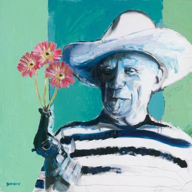 Flowers in Gun: A Monochromatic Portrait of Pablo Picasso thumb