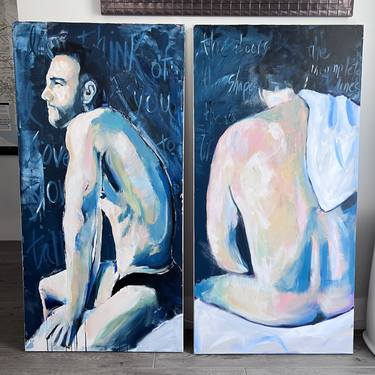 Tender Love of Two Lovers - Men Sitting on Edge of Bed - Diptych thumb
