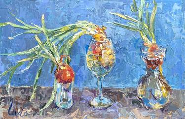 Still Life of Onions in Glasses Oil on Hardboard 16x24 inches thumb