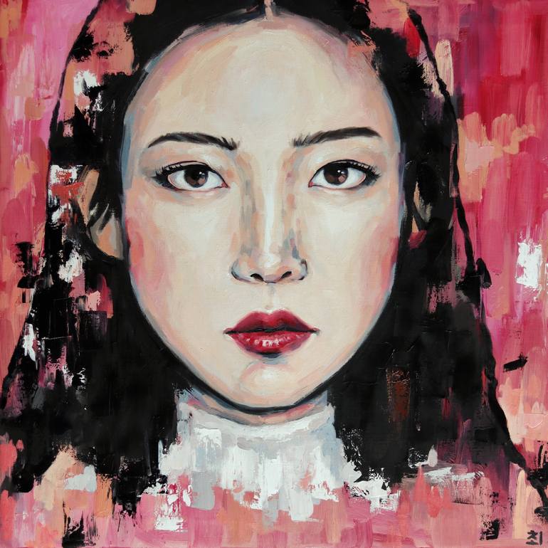 Crimson asian girl Painting by Marina Ogai | Saatchi Art