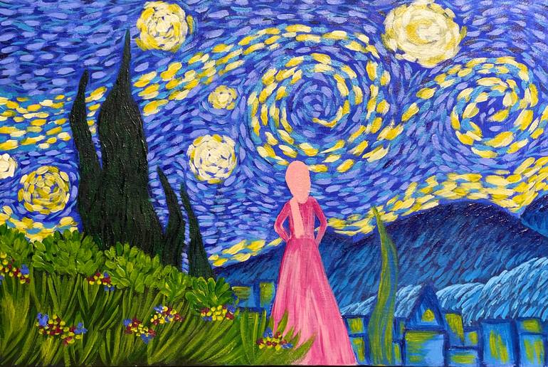 Original Landscape Painting by Anoosha Javed | Contemporary Art on Canvas | She Stepped Into the Starry Night