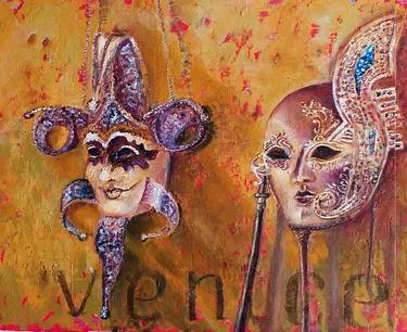 Venetian Masks on an Old Wall Original Oil Painting thumb