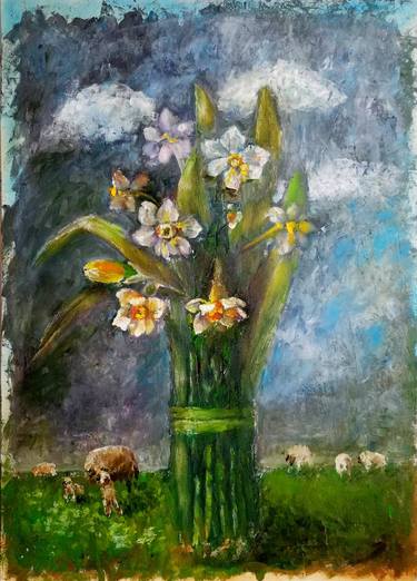 First News Of Spring, Large Daffodils Flowers on Landscape  Sheep thumb