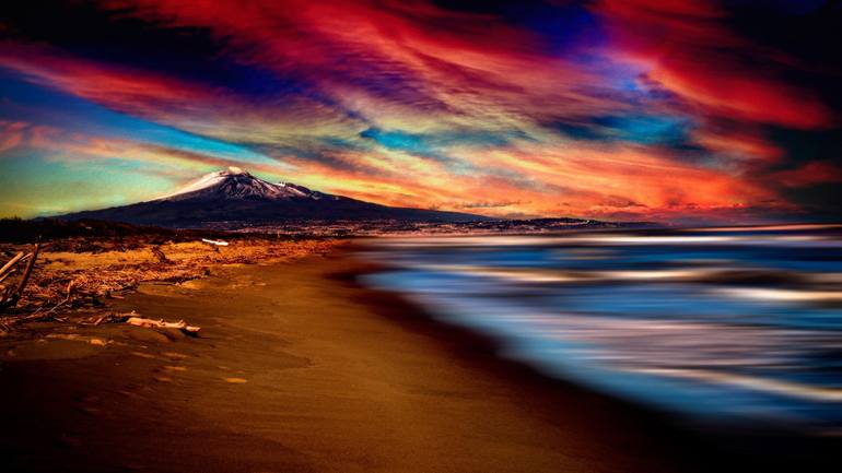 Original Landscape Photography by Fio Bonina | Contemporary Art on Canvas | Sunset beach under the volcano